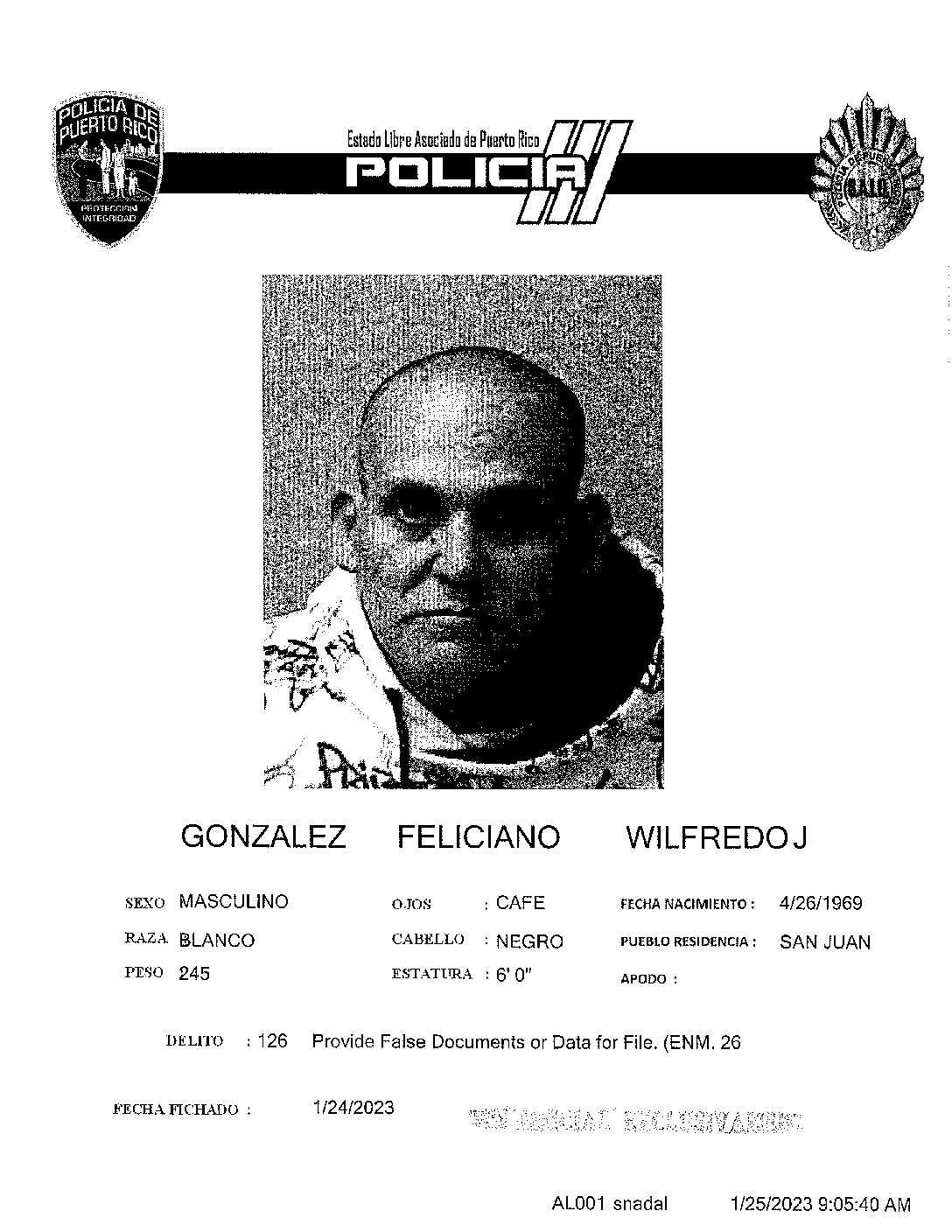 Ficha policiaca de Wilfredo González Feliciano. (Suministrada)