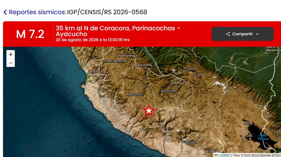 Captura de pantalla tomada de la pagina oficial del Instituto Geofísico del Perú que muestra el lugar del epicentro del terremoto de magnitud 7,2 ocurrido en la región andina de Ayacucho, en el sur de Perú. EFE/ Instituto Geofísico del Perú